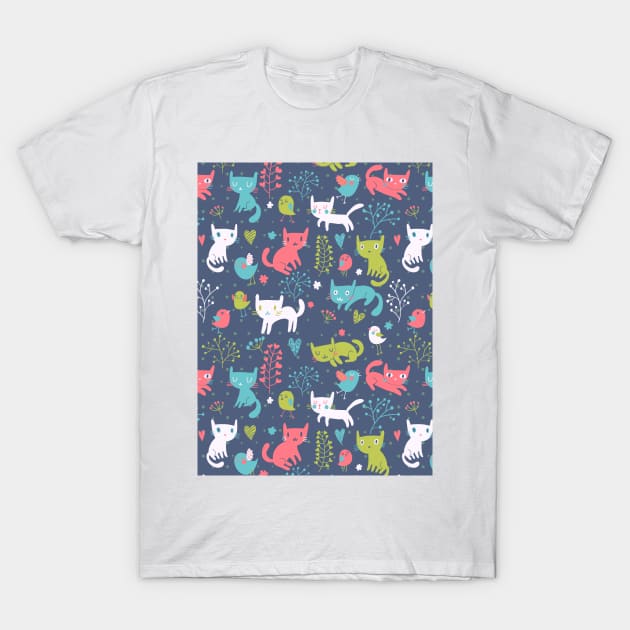 Cat & Bird Pattern T-Shirt by AnnieWijaya